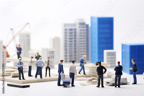 Tiny business figures engage in a focused meeting, showcasing teamwork and collaboration. Ideal for concepts related to teamwork and professional collaboration. Generative AI.