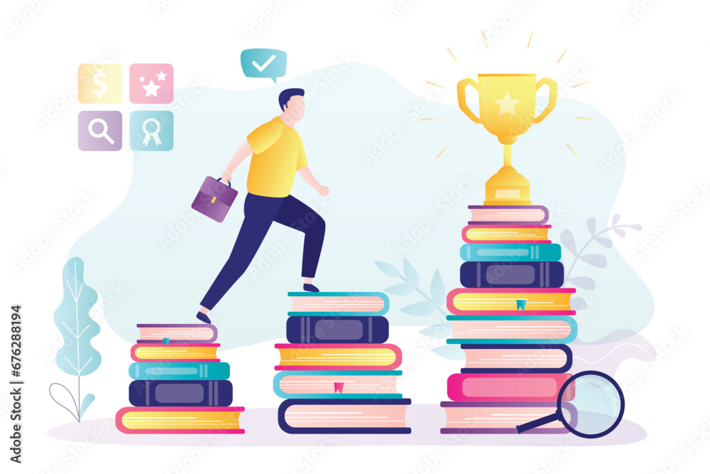 Knowledge, learning process. Smart student climbs stairs textbooks to success, trophy. Wider and far reaching vision from learning and reading books in academic education concept. Knowledge, learning process. Smart student climbs stairs textbooks to success, trophy. Wider and far reaching vision from learning and reading books in academic education concept.