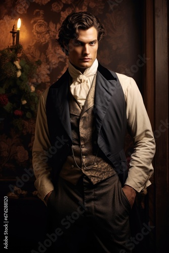 Handsome young Victorian Man - Wavy brown hair - Elegant attire  photo