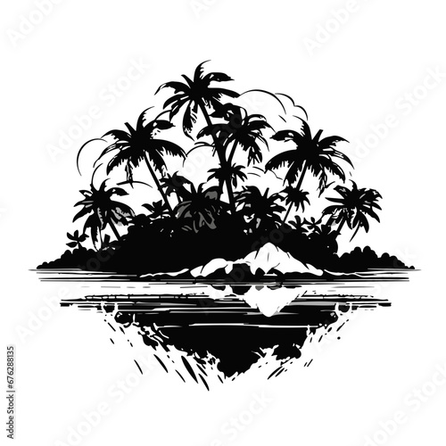 beach, palm, tree, tropical, island, summer, vector, sea, illustration, sun, nature, travel, ocean, water, silhouette, landscape, sunset, sky, vacation, ship, palm tree, paradise, hawaii, design, holi