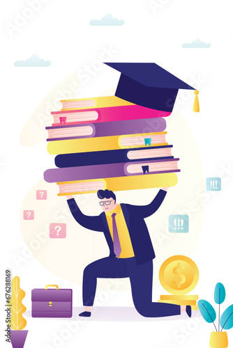 Unhappy student trying to lift and hold on to great burden of high education cost. male borrower cannot pay student loan and debt. Money problems, bankruptcy, high tuition fees.