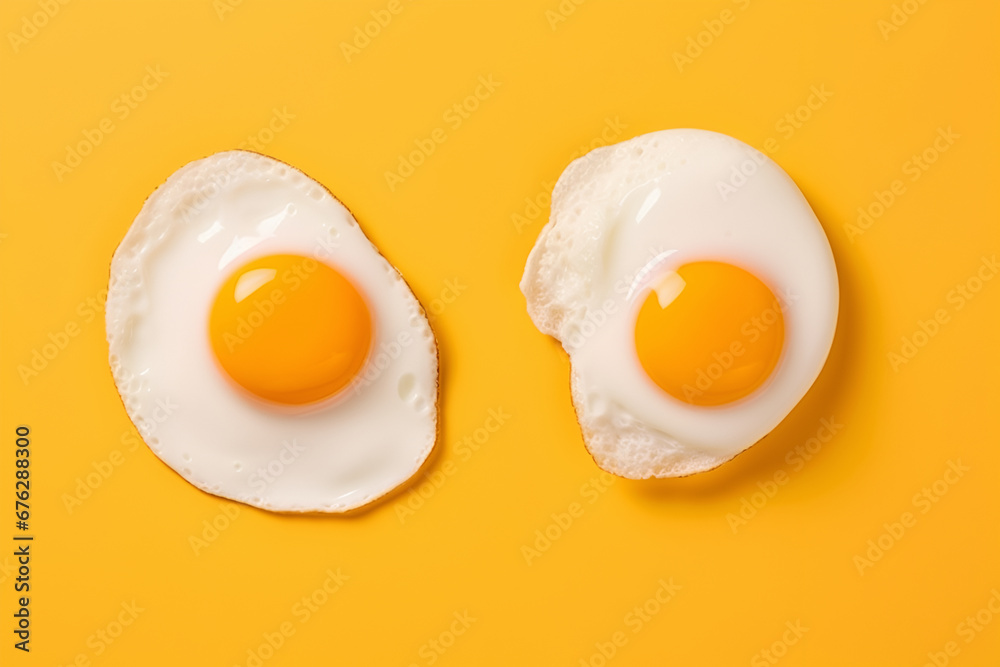 Two Conceptual food photo. Two isolated fried eggs on yellow backdrop. - obrazy, fototapety, plakaty 