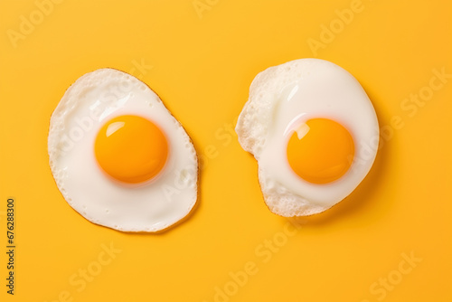Two Conceptual food photo. Two isolated fried eggs on yellow backdrop.