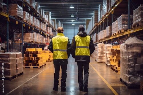 two people wearing safety jackets in the warehouse. warehouse area. For may day and presentation background