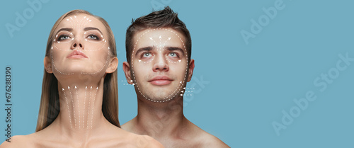 Face lifting, circuit. Young man and woman with arrows on face symbolling face lifting effects with cosmetological treatment. Concept of skincare, natural beauty, plastic surgery, health, cosmetics