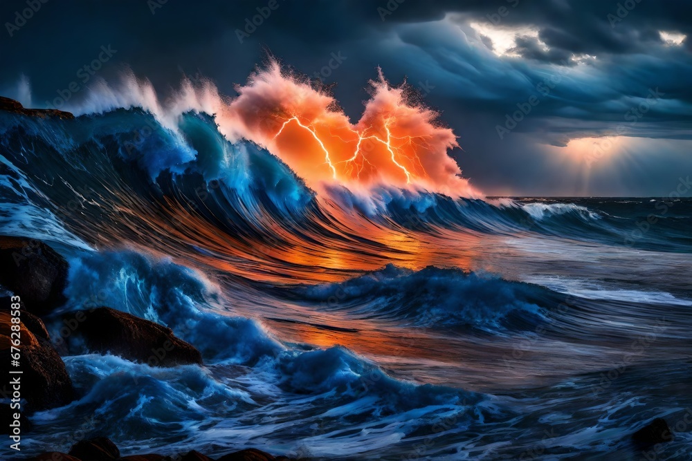 Electric blue waves crashing against a shoreline of orange lightning.