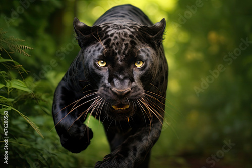 black panther running to catch prey in jungle