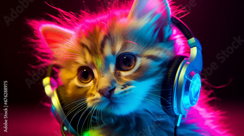 Kitten with headphones on his head in neon light.