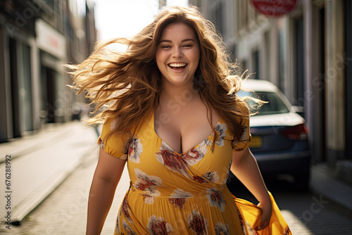 happy overweight model walking on the street