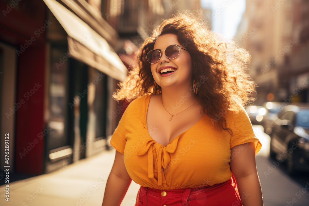 happy overweight model walking on the street