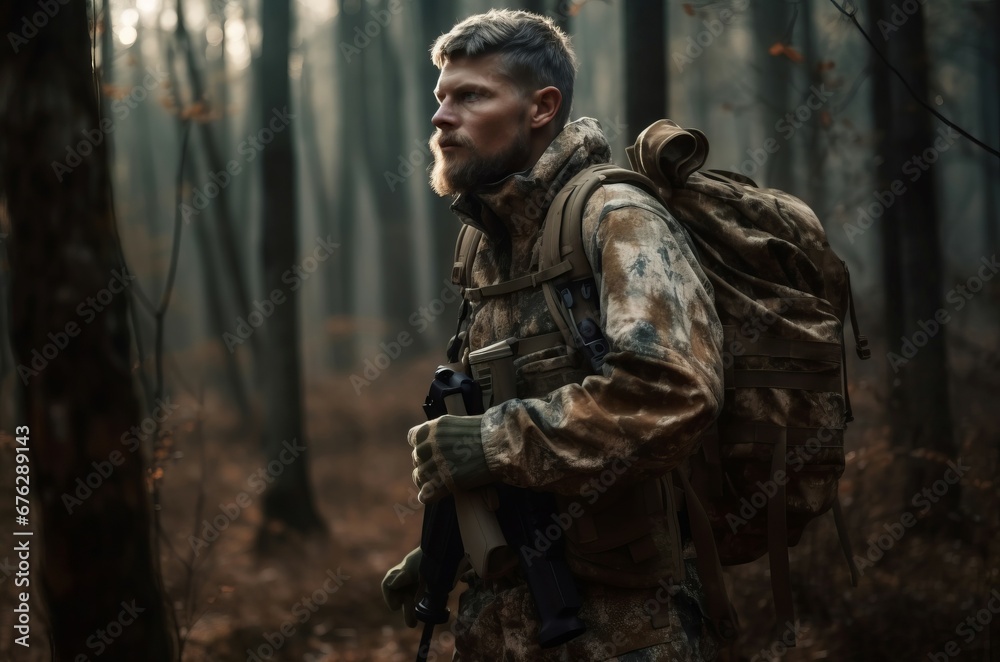 Man backpack camo in forest. Hunter gun wild autumn season. Generate Ai