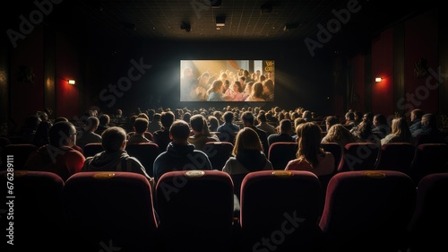 Many people sitting in the seats of a cinema watching a movie photo