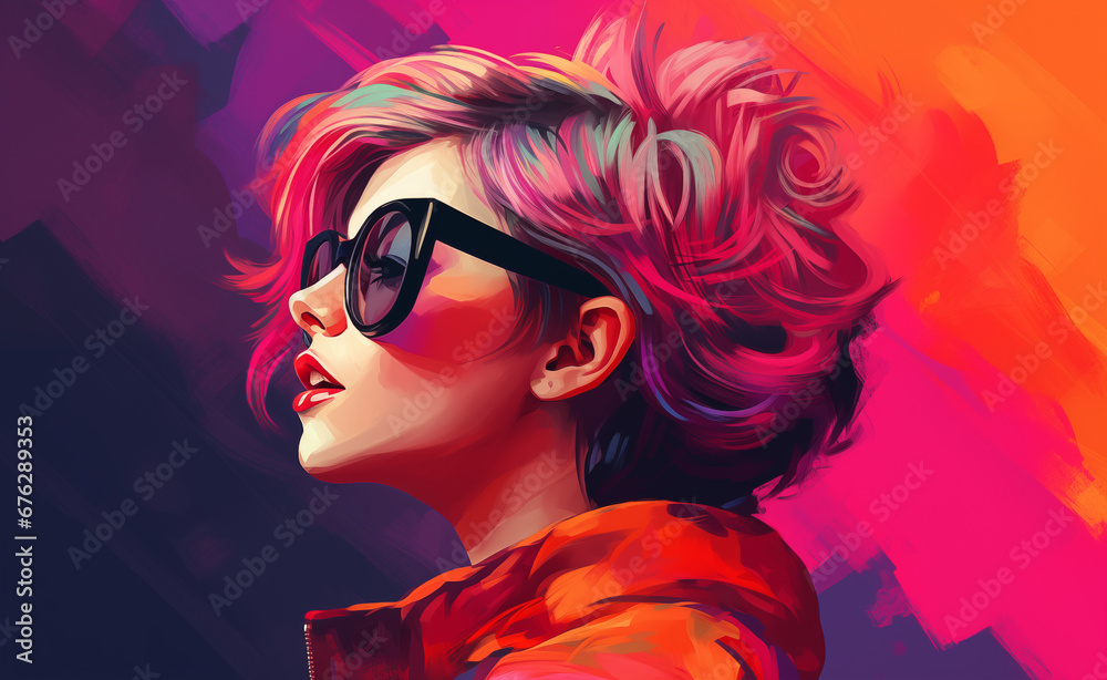 Profile of a young, fashionable girl who has a short haircut, vivid hair color and sunglasses