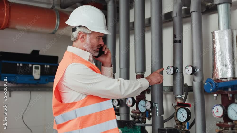 Side view of competent inspector pointing with finger at pressure indicators in pipes while talking on modern smartphone indoors. Mature gray bearded male working skillfully in protective clothing. Side view of competent inspector pointing with finger at pressure indicators in pipes while talking on modern smartphone indoors. Mature gray bearded male working skillfully in protective clothing.