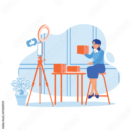 Happy female SME business owner. Sitting in front of a smartphone promoting business products inside the home. Order Confirmation concept. trend modern vector flat illustration