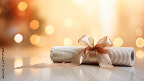 Close up of yoga mat with gift ribbon, home festive decorated fairy bokeh lights, for Christmas, New Year. Healthy lifestyle, weight loss, Blurred de-focused garland lights, gold bokeh photo