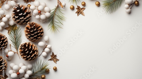Christmas background featuring with fir branches  pine cones and lights. AI generated
