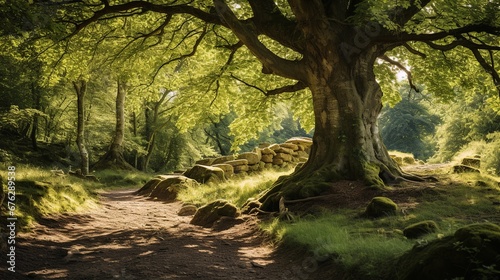 a very old tree in a sunshine forest