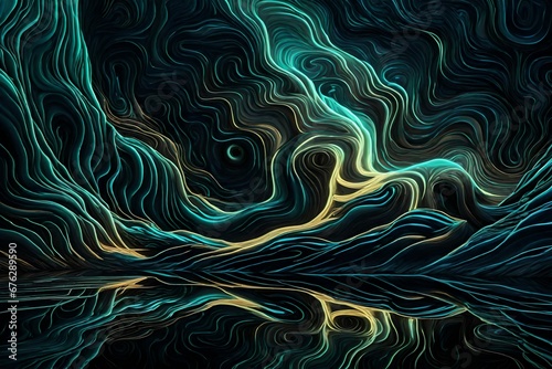 Neon tides in a sea of liquid obsidian