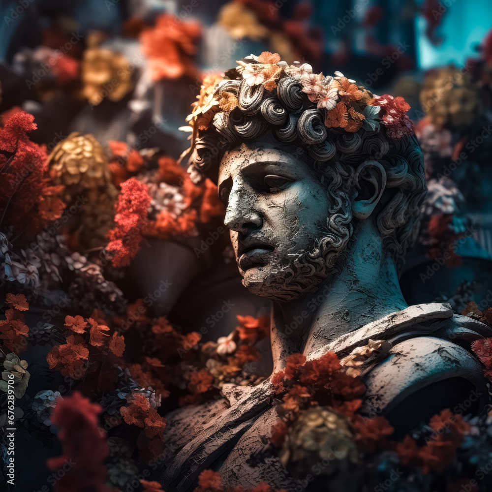 ancient roman antique statue of a handsome man, covered with flowers, romantic, bokeh