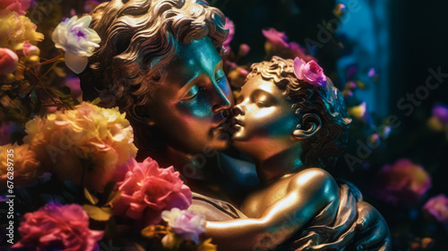 ancient roman antique statue of mother and child, covered with flowers and gold, woman with baby, romantic, bokeh