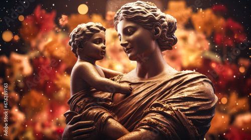 ancient roman antique statue of mother and child, covered with flowers and gold, woman with baby, romantic, bokeh