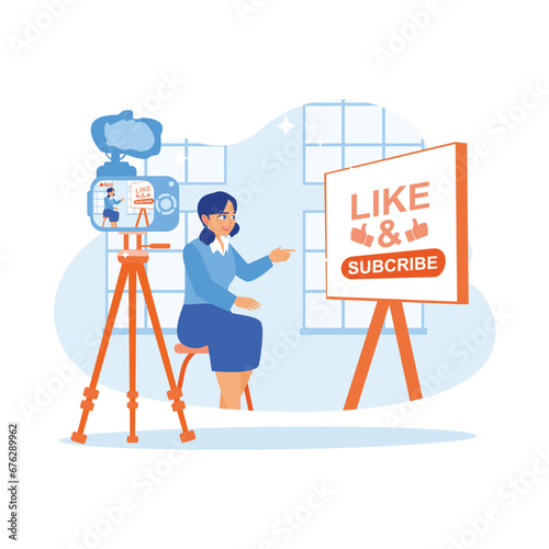 Young female vlogger creating video content at home. Vloggers ask online viewers to like and subscribe to their channels. Content Creator concept. trend modern vector flat illustration