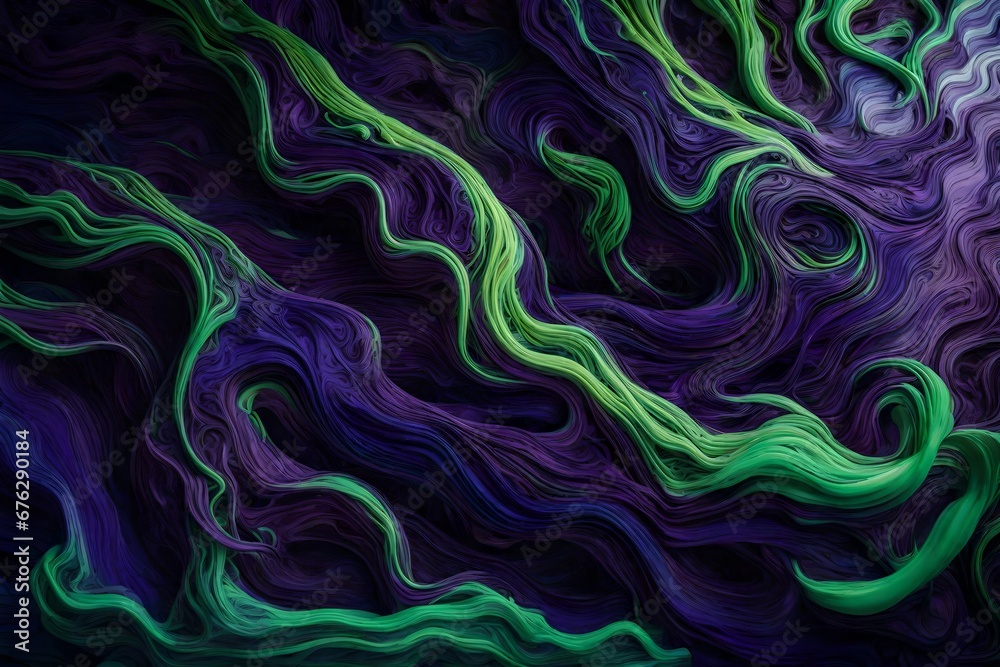 Intertwining streams of neon green and deep violet creating an otherworldly liquid art piece.