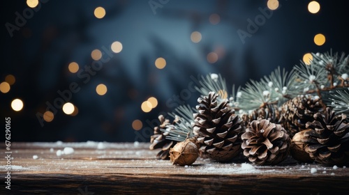 Christmas background featuring with fir branches, pine cones and lights. AI generated