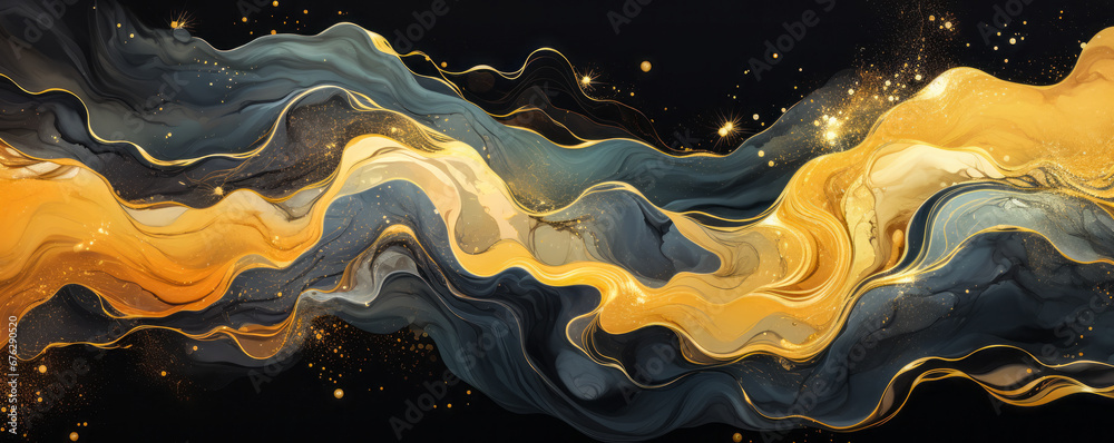 Black and Gold Elegance: Abstract Marbled Ink Waves and Splashes in Luxurious Texture Black and Gold Elegance: Abstract Marbled Ink Waves and Splashes in Luxurious Texture