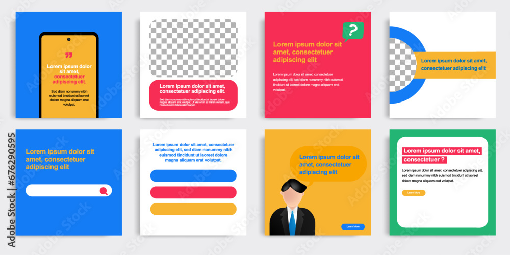 Playful social media post banner layout template pack in colorful background and shape elements. For ads, promotion, branding, sharing knowledge, microblog, tips and educate - obrazy, fototapety, plakaty 