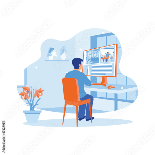 Male video editor working in creative loft office. He is sitting with the recording on his personal computer with the big screen. Video Editor concept. trend modern vector flat illustration