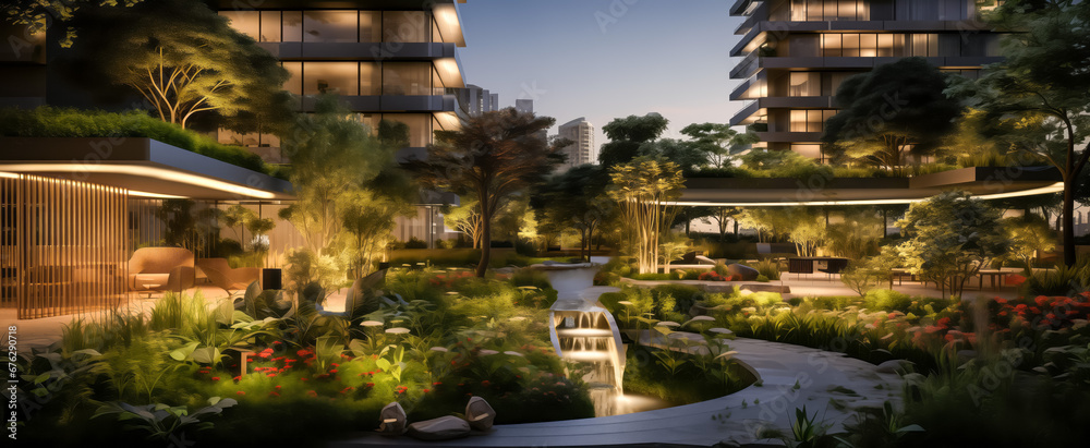 Luxurious evening garden landscape in modern residential area