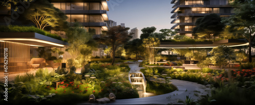 Luxurious evening garden landscape in modern residential area © thodonal