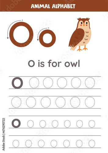 Tracing alphabet letters for kids. Animal alphabet. O is for owl.