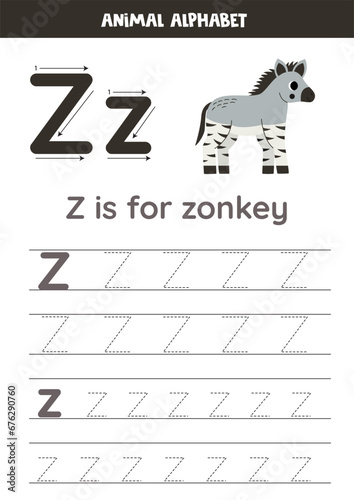 Tracing alphabet letters for kids. Animal alphabet. z is for zonkey.