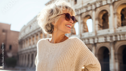 Joyful mature woman with short hair and sunglasses, laughing by the Colosseum in Rome, Italy.. © Ai Studio