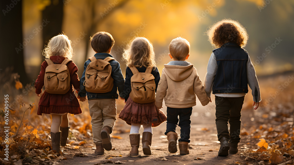 Group of young children walking together in friendship in school  - obrazy, fototapety, plakaty 