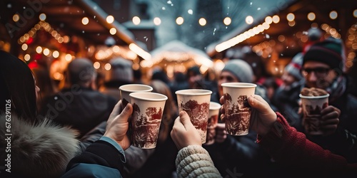 A joyful composition of People hands holding cups of hot cocoa with marshmallows, Close up of friends toasting with mug. Festive Christmas market bokeh lights, wide banner photo