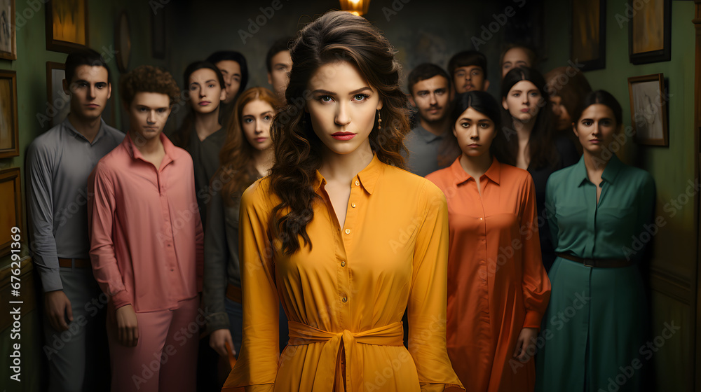 Person being rejected by group of people on colored background shot Person being rejected by group of people on colored background shot