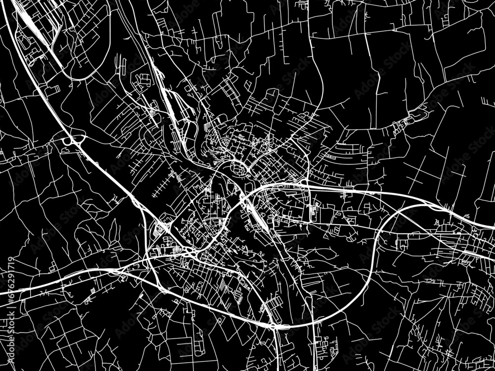 Vector road map of the city of Frydek-Mistek in the Czech Republic with white roads on a black background. Vector road map of the city of Frydek-Mistek in the Czech Republic with white roads on a black background.