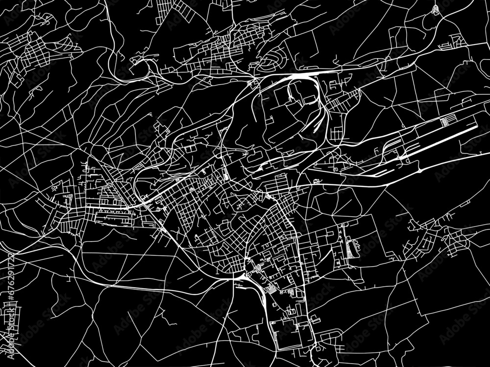 Vector road map of the city of Kladno in the Czech Republic with white roads on a black background.