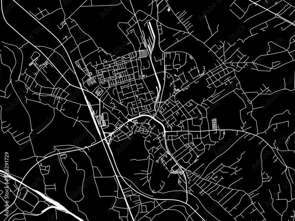 Vector road map of the city of Karvina in the Czech Republic with white roads on a black background.