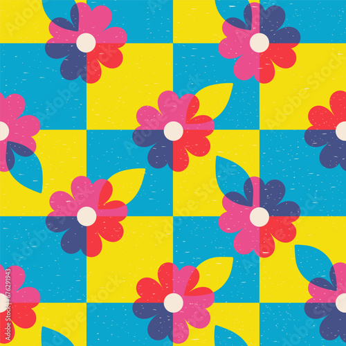 Seamless checkered pattern with flowers in risograph style. Vector graphics.