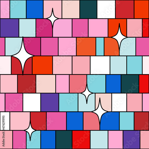 Abstract seamless geometric patterns with disco mirror ball texture in cartoon style. Vector funky illustration. Party, Holiday background.