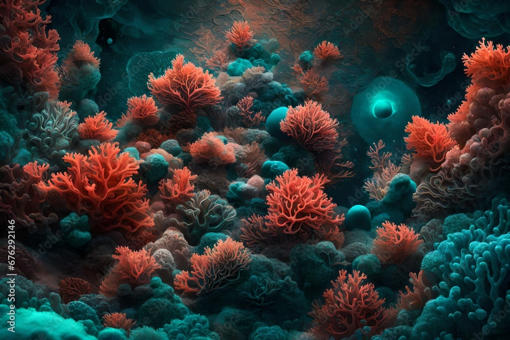 Liquid coral and teal in a cosmic embrace