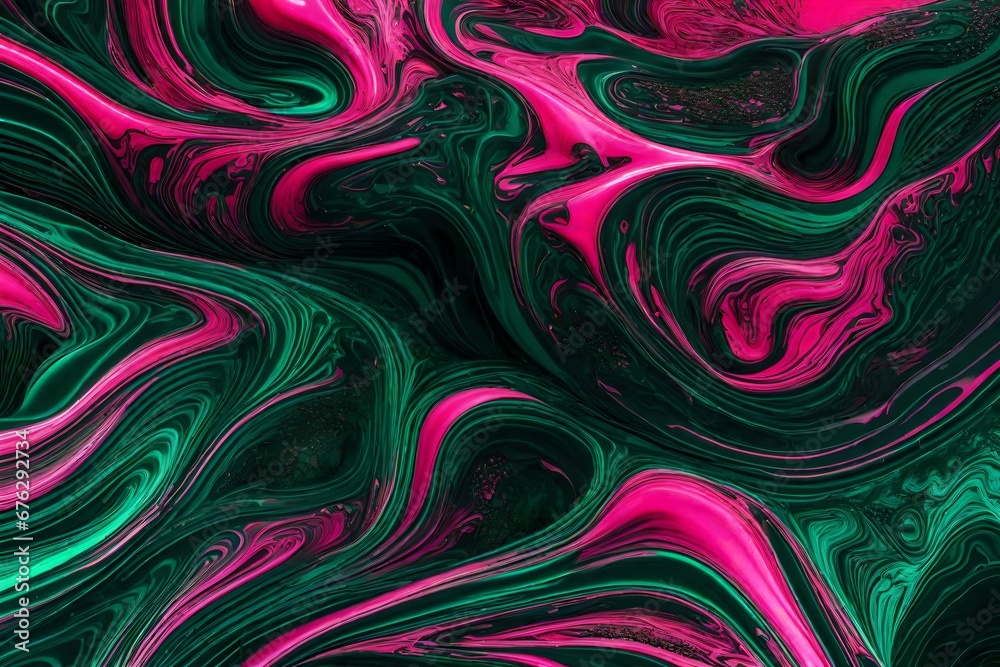 Electrifying neon pink and deep forest green liquids colliding, producing a visually striking abstract background with intricate textures.