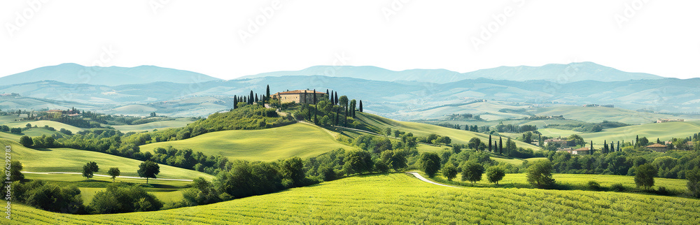 Tranquil countryside landscape with rolling hills and farm fields, cut out - obrazy, fototapety, plakaty 