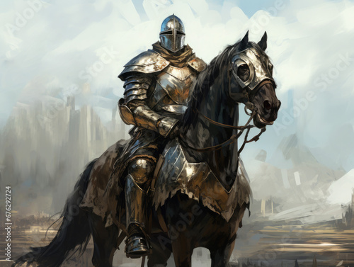 Knight in armor on horseback. Digital art.