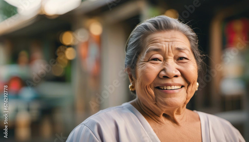 Friendly large elderly woman with copy space outdoors